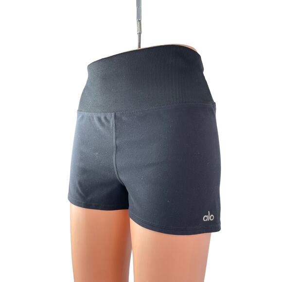 Alo Women's Black Ribbed Waist High Rise Yoga Workout Athletic Biker Shorts Sz L - Picture 2 of 6